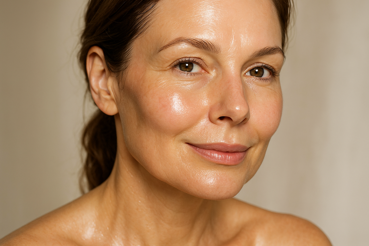a mid aged woman after using a collagen serum, face close up