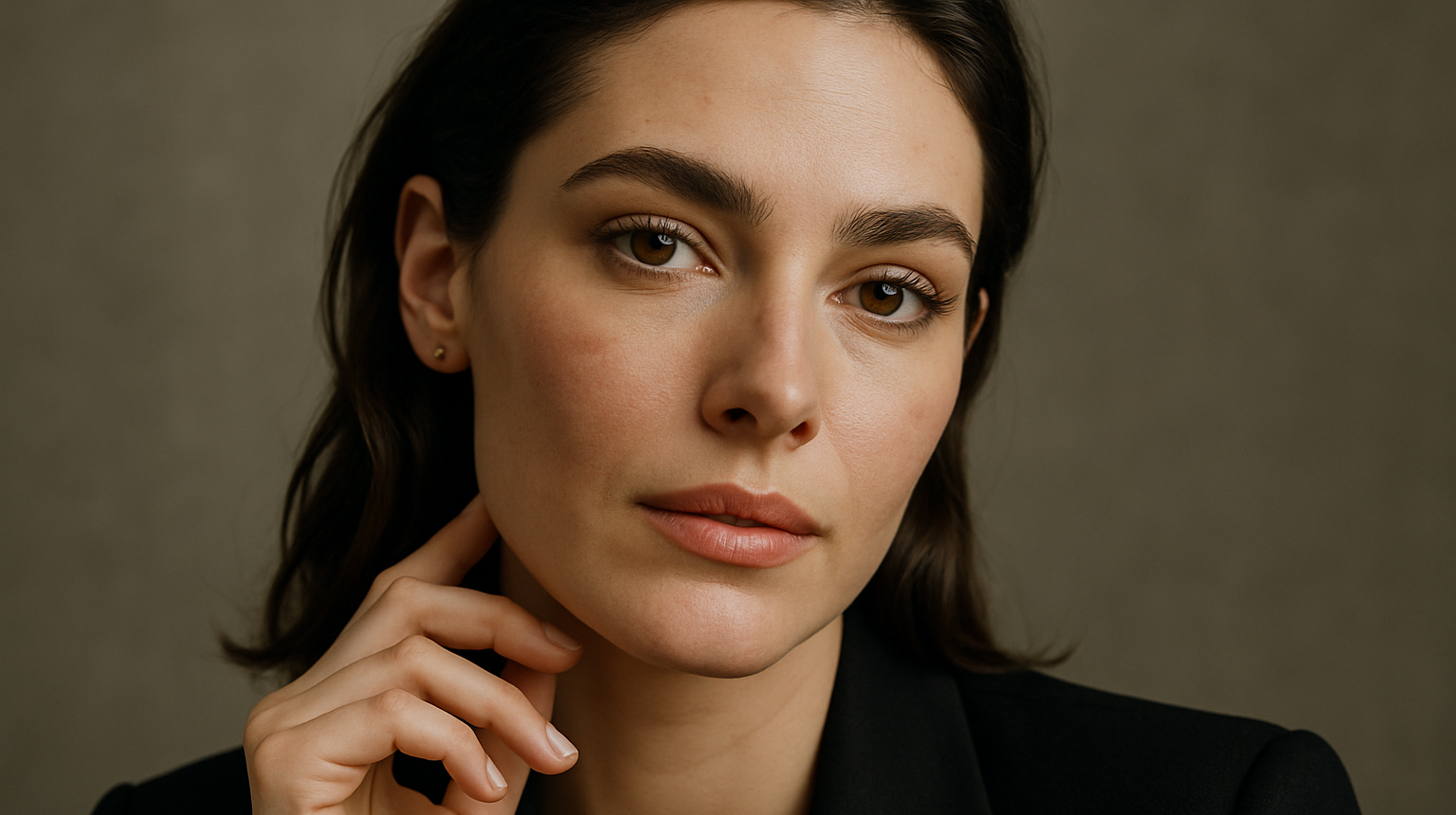 make her face look more realistic and make her pose like it's a magazine photoshoot for a very expensive luxury brand